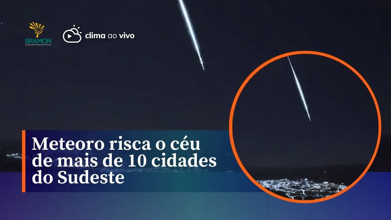 A imagem mostra a passagem de um meteoro sobre uma cidade de Minas Gerais